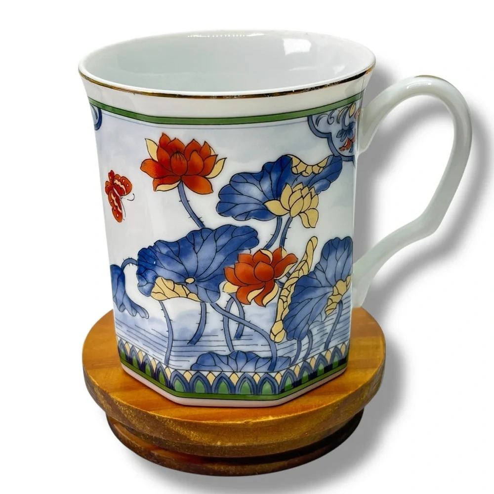 Japanese Vintage Set of 4 Octagon Shaped Gold Trim Coffee Tea Cups Floral 3.5" - Picture 7 of 8